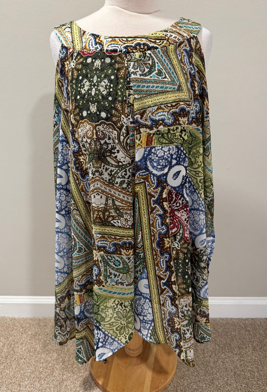 New Directions Women XL Tunic Swing Top Sleeveless Paisley Asymmetric Artsy Boho
